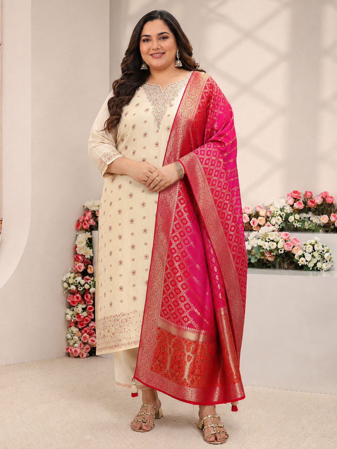  Plus Size Ivory Woven Design Silk Blend Straight Suit Set With Dupatta 