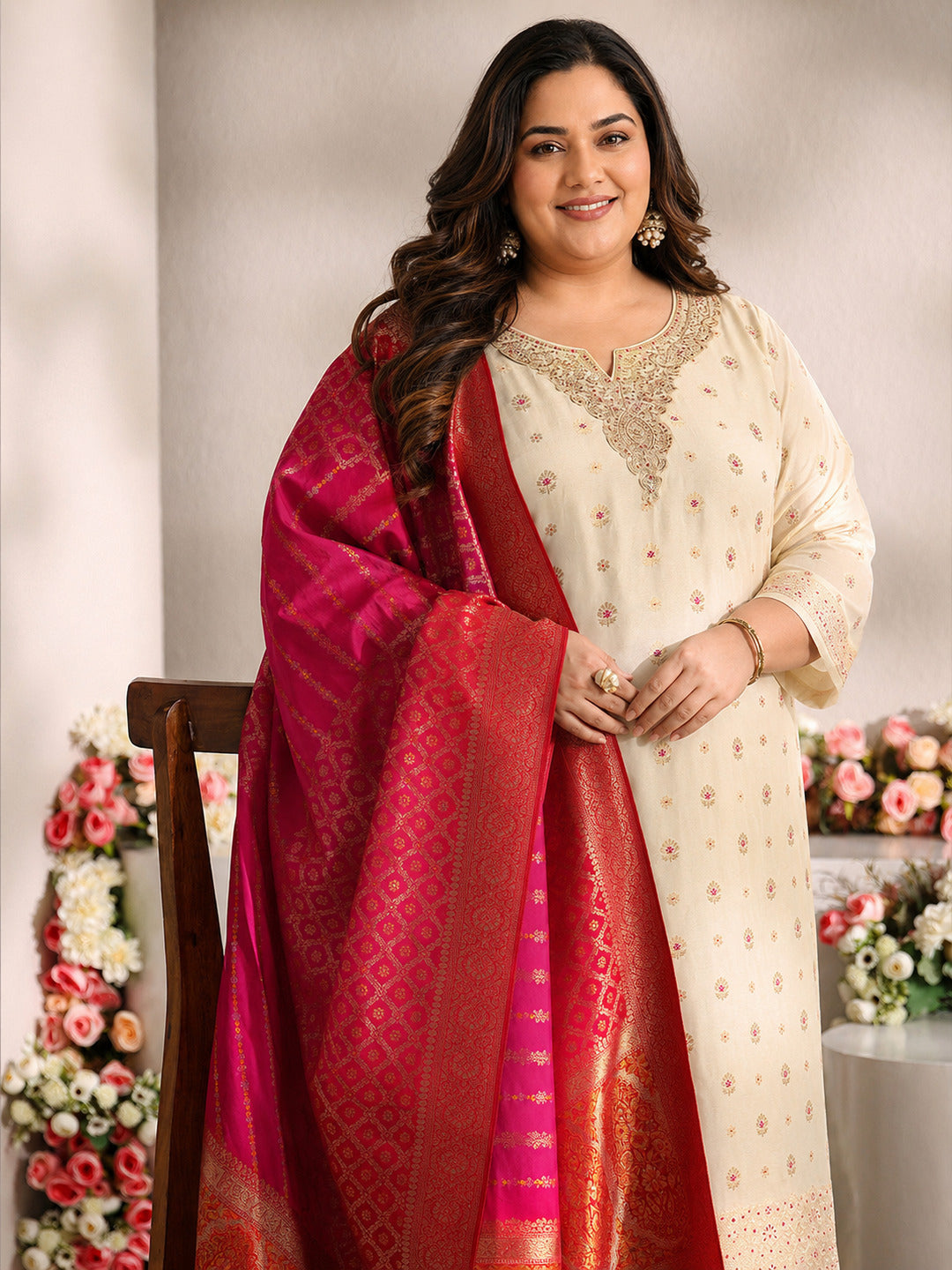  Plus Size Ivory Woven Design Silk Blend Straight Suit Set With Dupatta 
