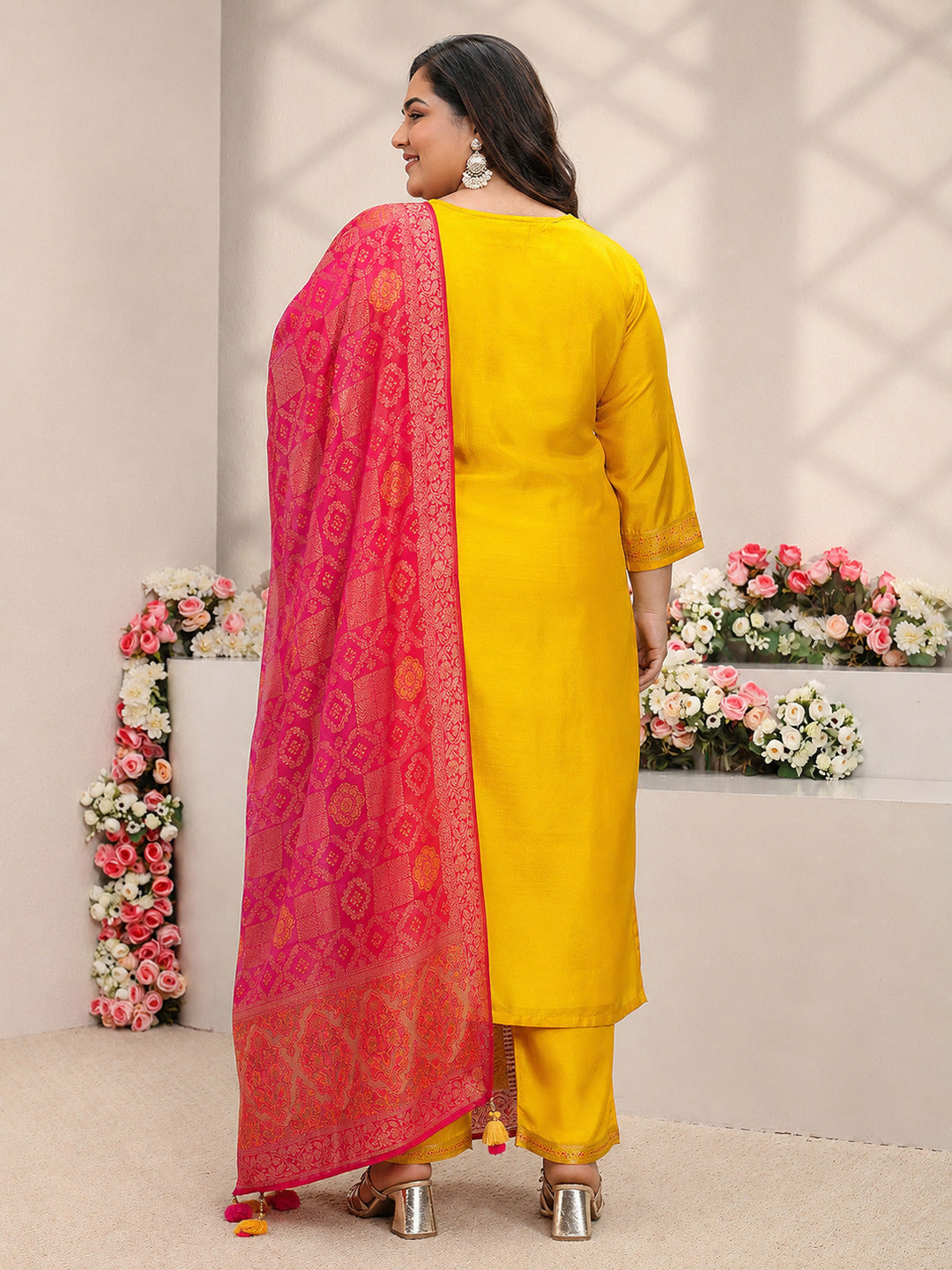  Plus Size Mustard Floral Woven Design Silk Blend Straight Suit Set With Dupatta 