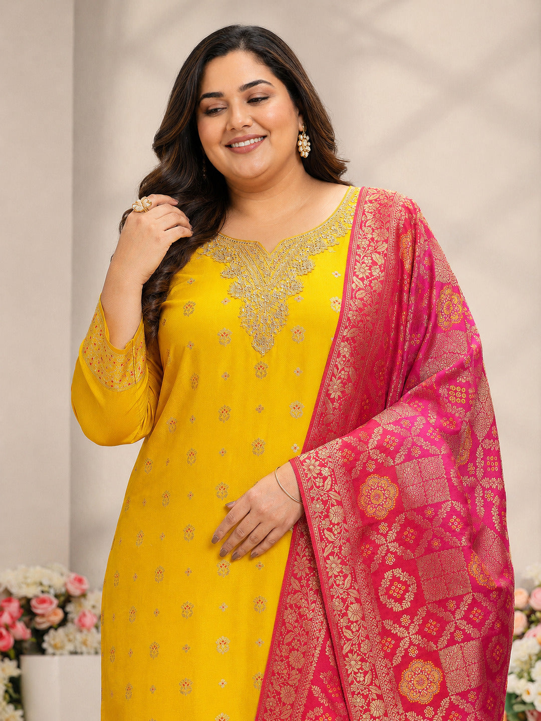  Plus Size Mustard Floral Woven Design Silk Blend Straight Suit Set With Dupatta 