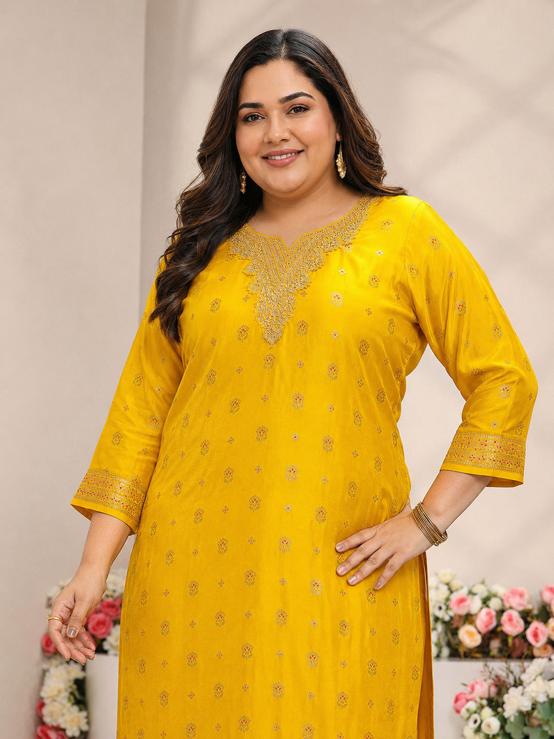 Plus Size Mustard Floral Woven Design Silk Blend Straight Suit Set With Dupatta 