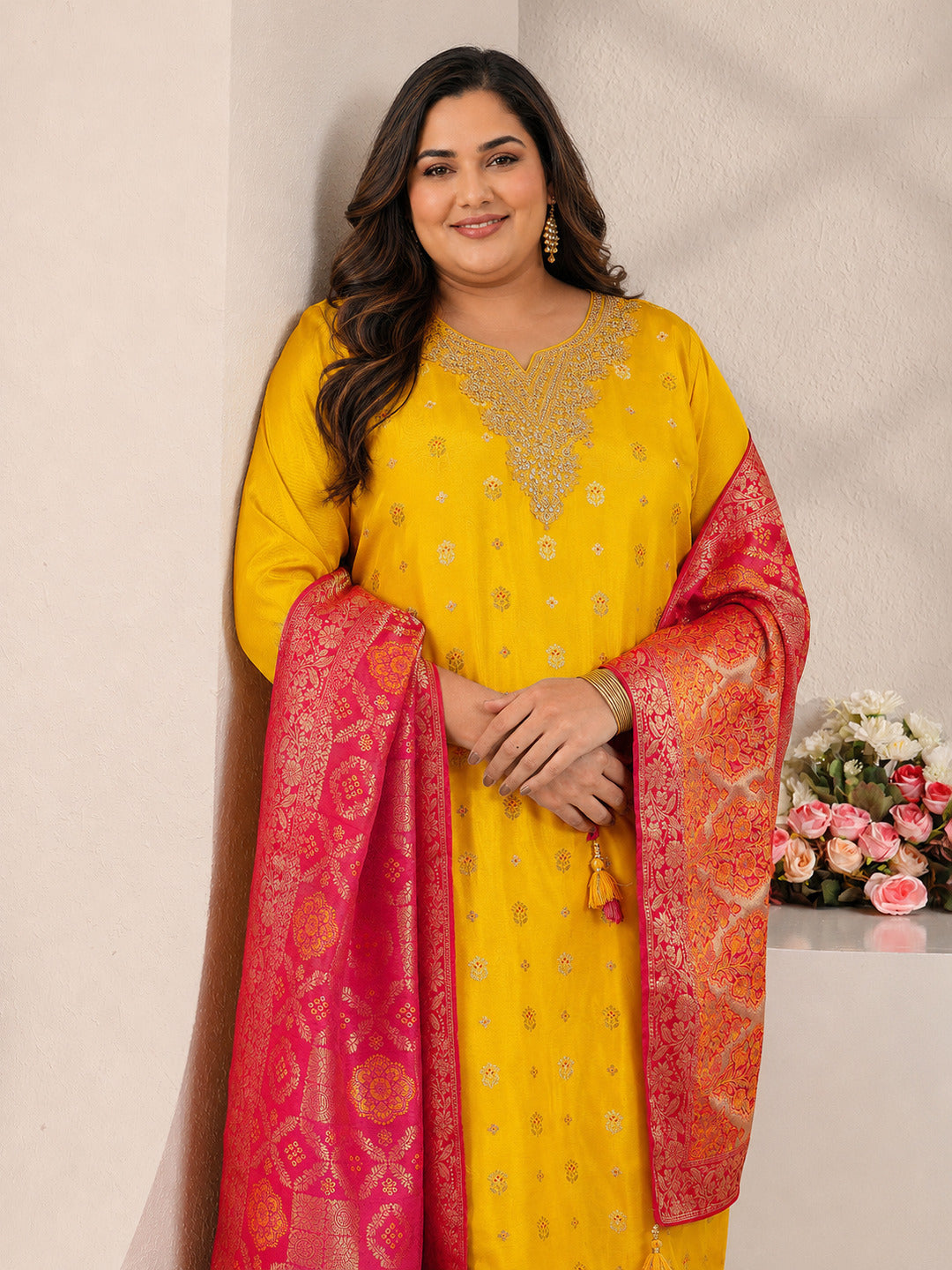  Plus Size Mustard Floral Woven Design Silk Blend Straight Suit Set With Dupatta 