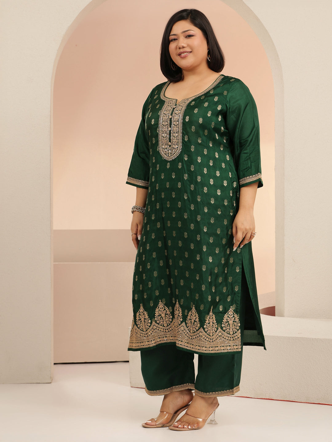  Plus Size Green Woven Design Silk Blend Straight Suit Set With Dupatta 