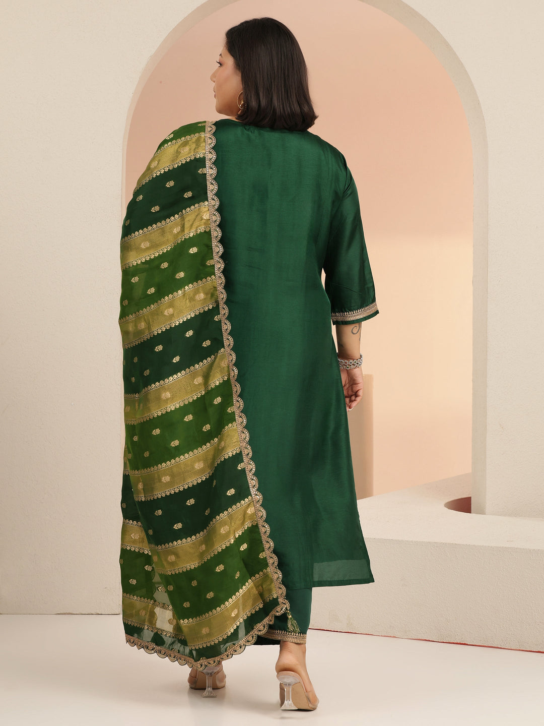  Plus Size Green Woven Design Silk Blend Straight Suit Set With Dupatta 