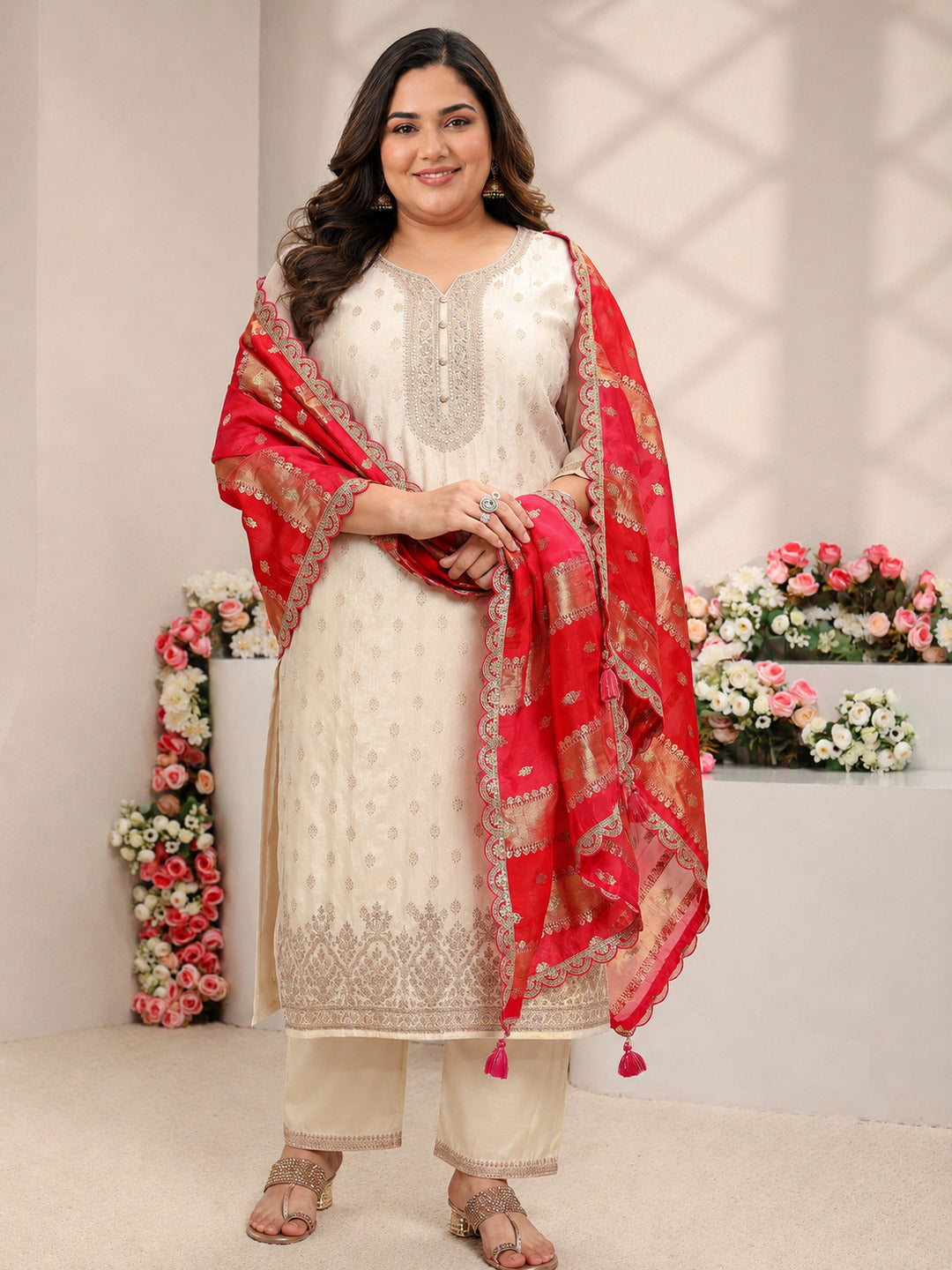 libas Plus Size Ivory Woven Design Silk Blend Straight Suit Set With Dupatta-picture-19