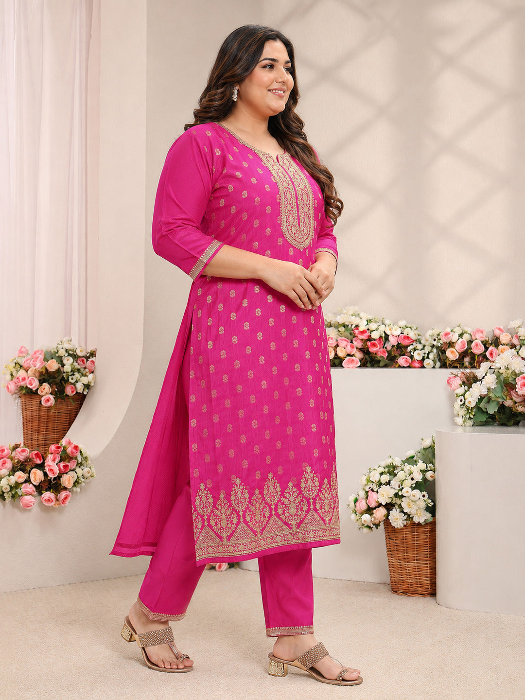  Plus Size Pink Woven Design Silk Blend Straight Suit Set With Dupatta 