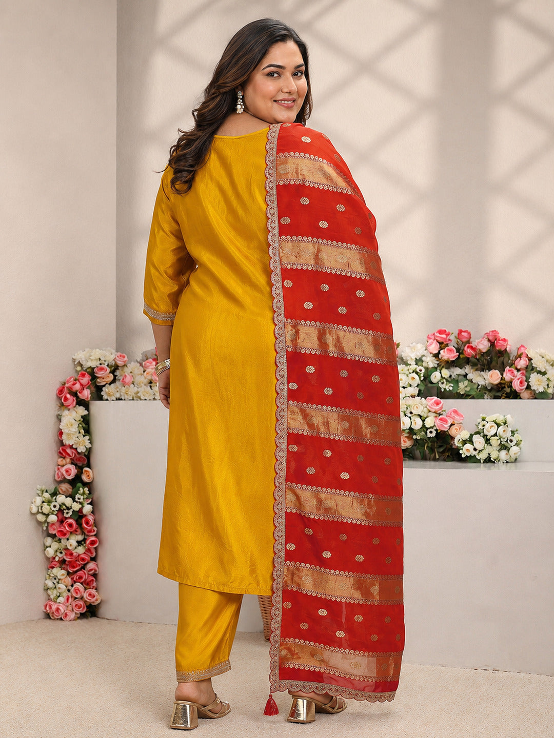  Plus Size Mustard Woven Design Silk Blend Straight Suit Set With Dupatta 