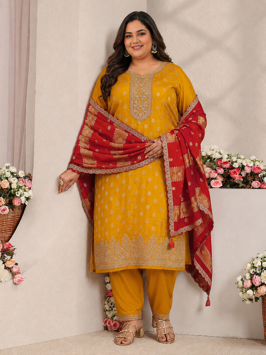  Plus Size Mustard Woven Design Silk Blend Straight Suit Set With Dupatta 