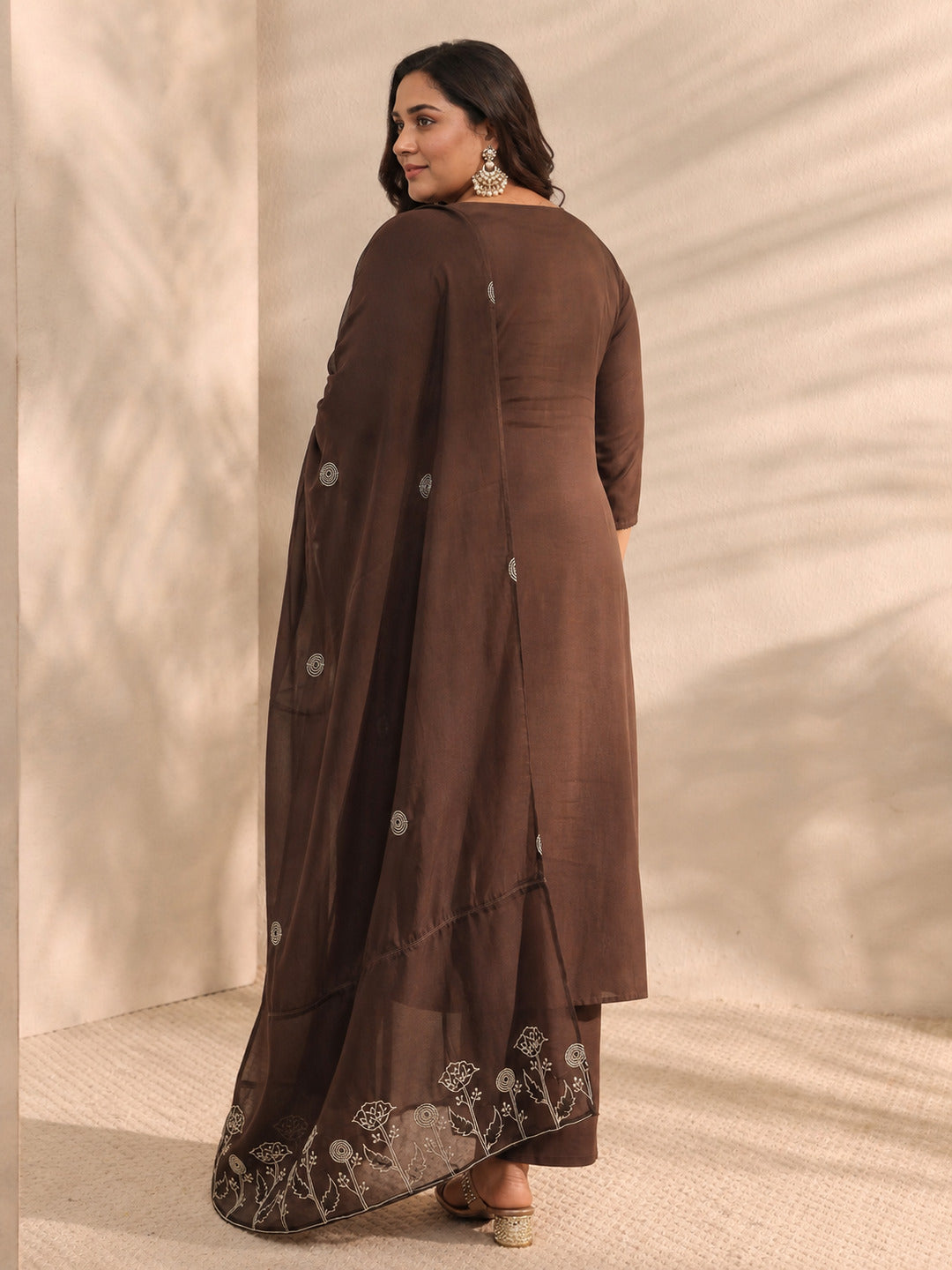  Plus Size Brown Embroidered Cotton A-Line Suit Set With Dupatta 