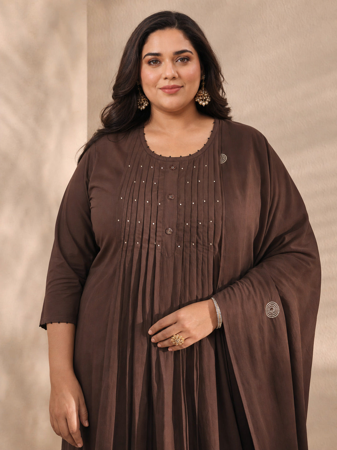  Plus Size Brown Embroidered Cotton A-Line Suit Set With Dupatta 
