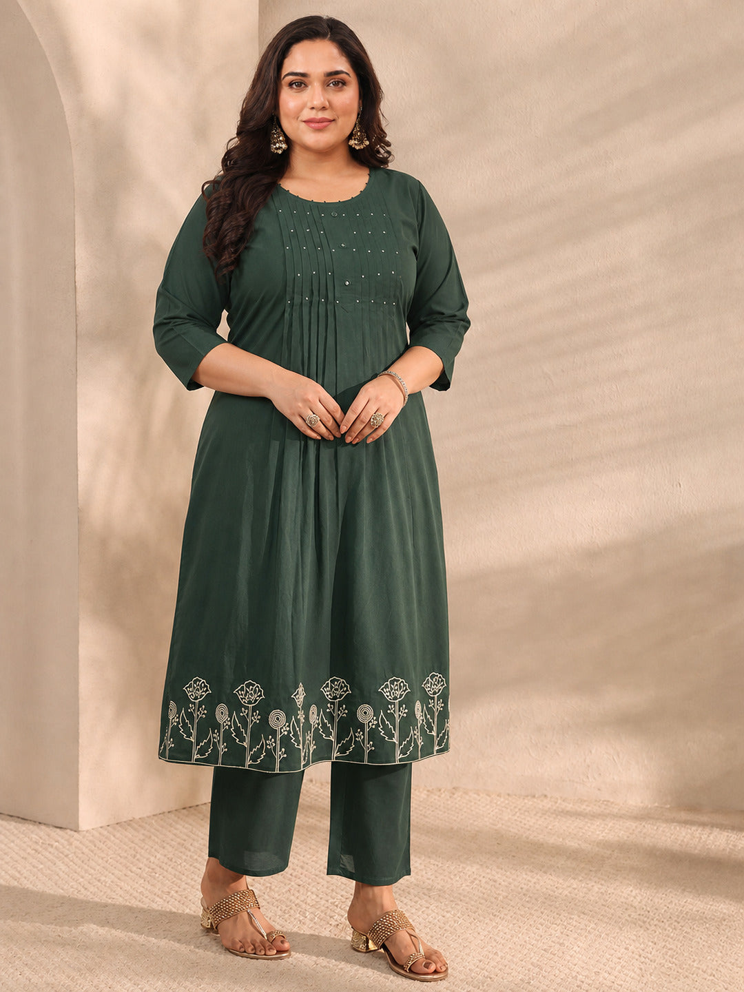  Plus Size Green Solid Embroidered Cotton A-Line Suit Set With Dupatta 