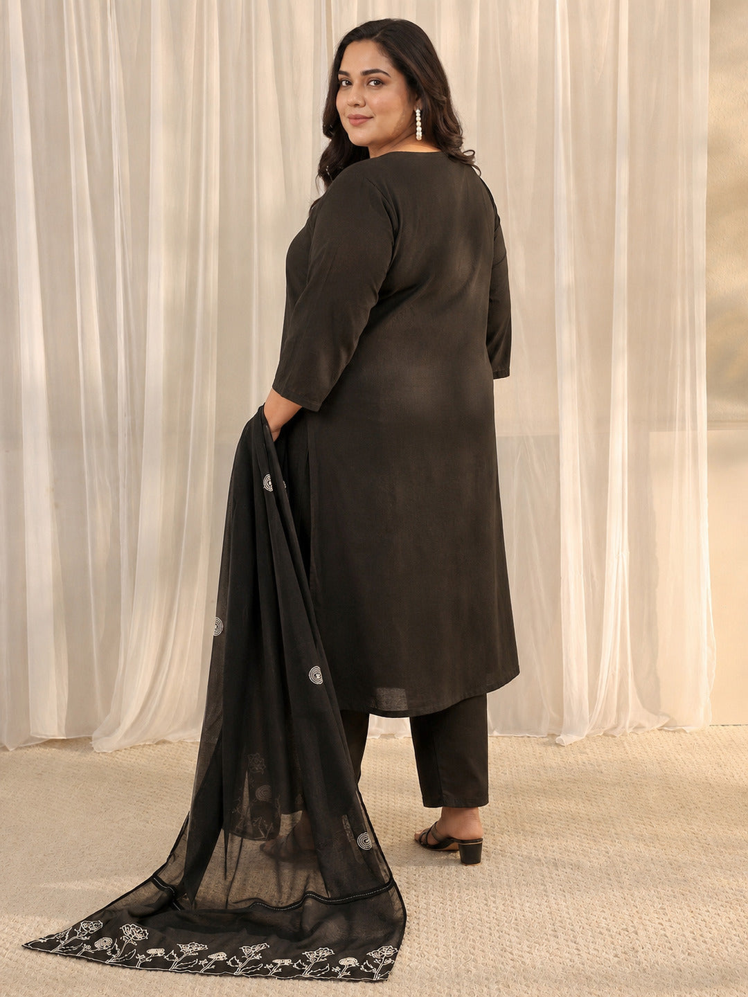  Plus Size Black Solid Cotton A-Line Suit Set With Dupatta 