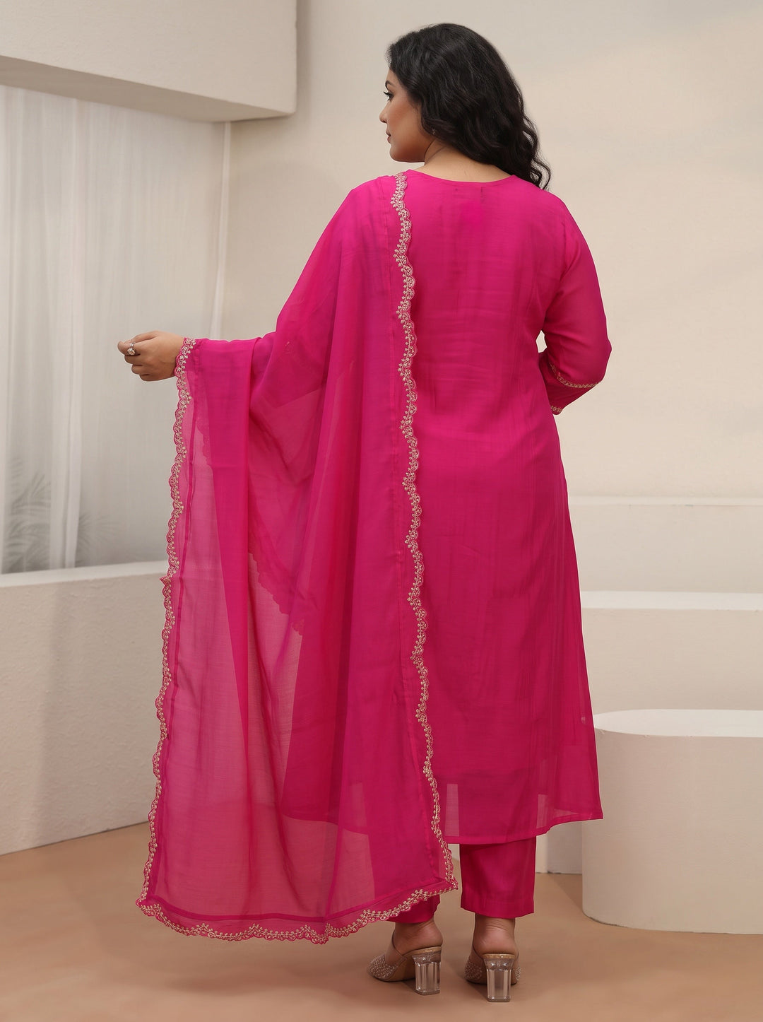  Plus Size Rani Pink Embroidered Chanderi Cotton A-Line Suit Set 