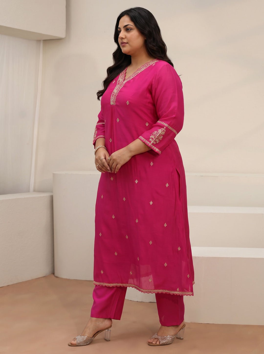  Plus Size Rani Pink Embroidered Chanderi Cotton A-Line Suit Set 