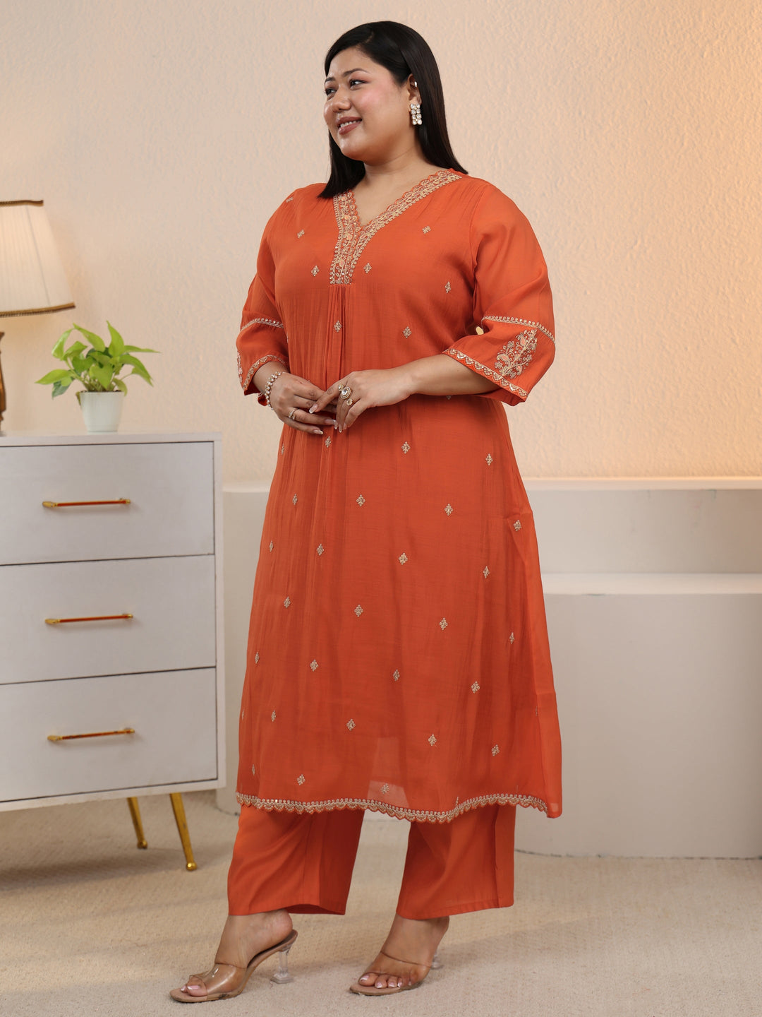  Plus Size Orange Embroidered Chanderi Cotton A-Line Suit Set 