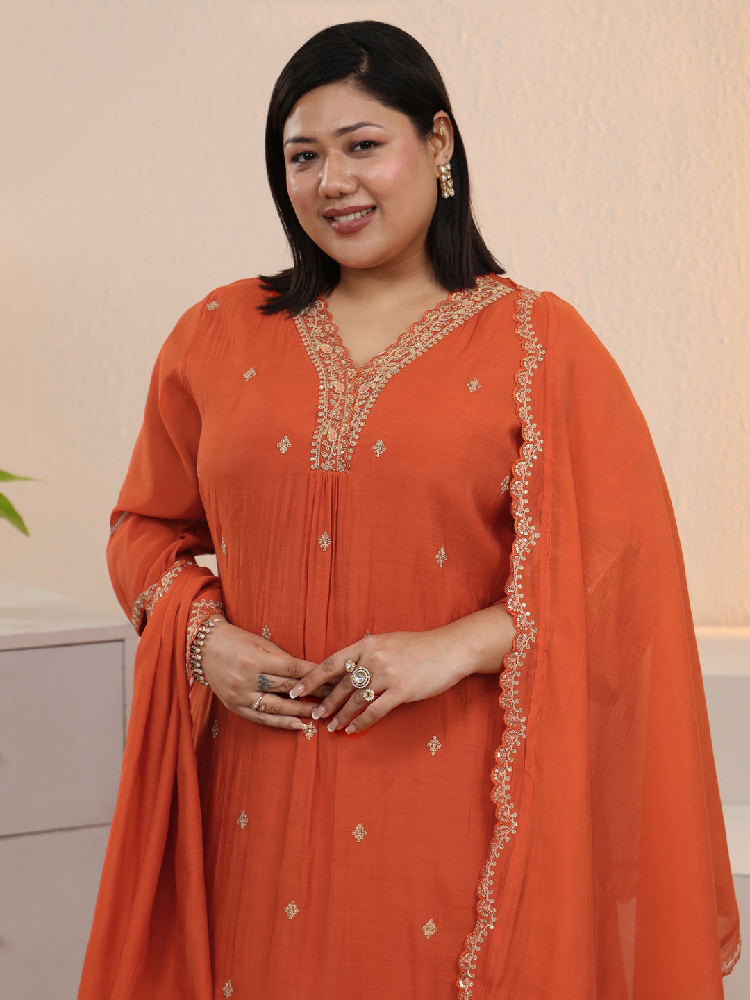  Plus Size Orange Embroidered Chanderi Cotton A-Line Suit Set 