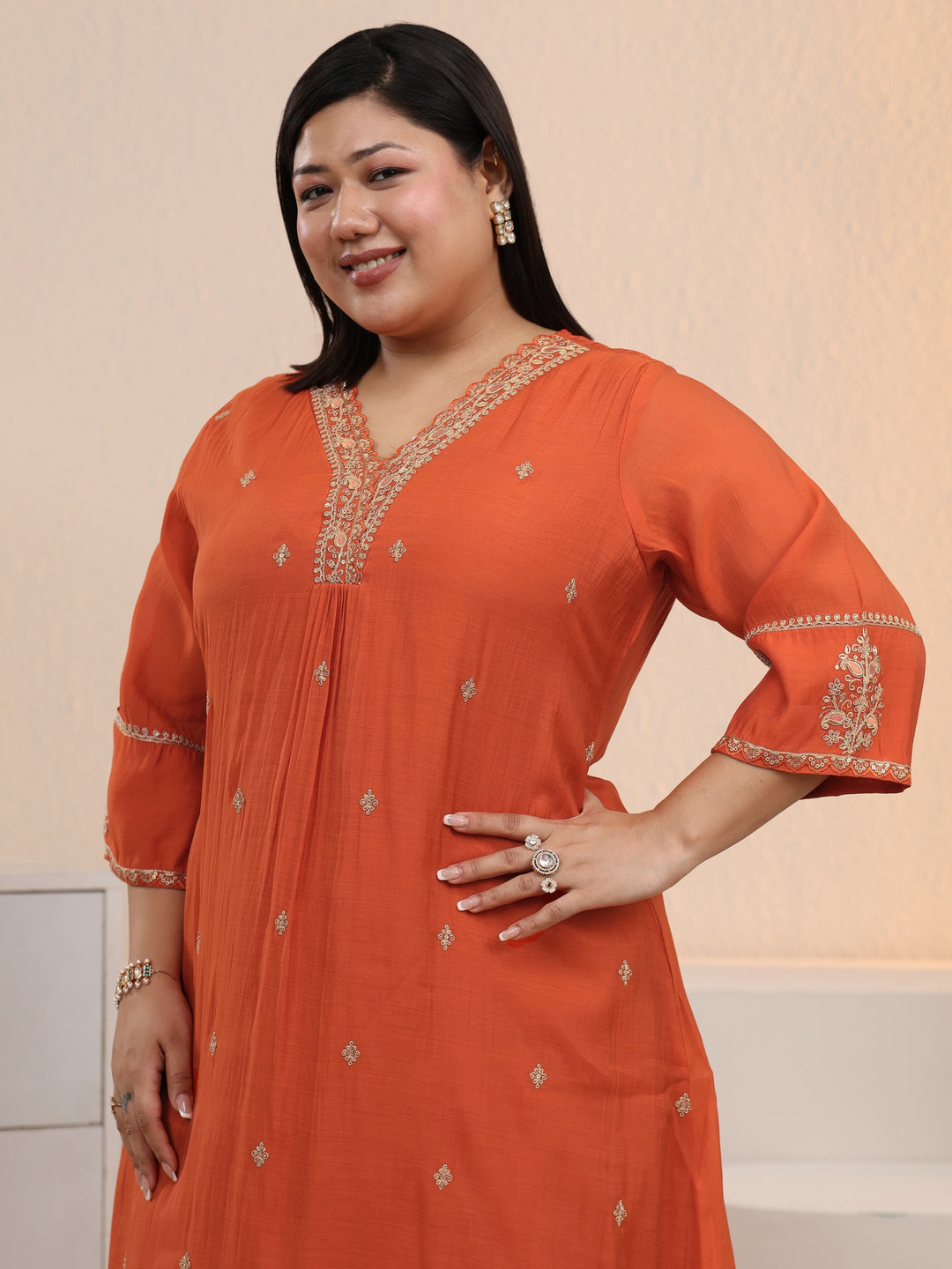  Plus Size Orange Embroidered Chanderi Cotton A-Line Suit Set 