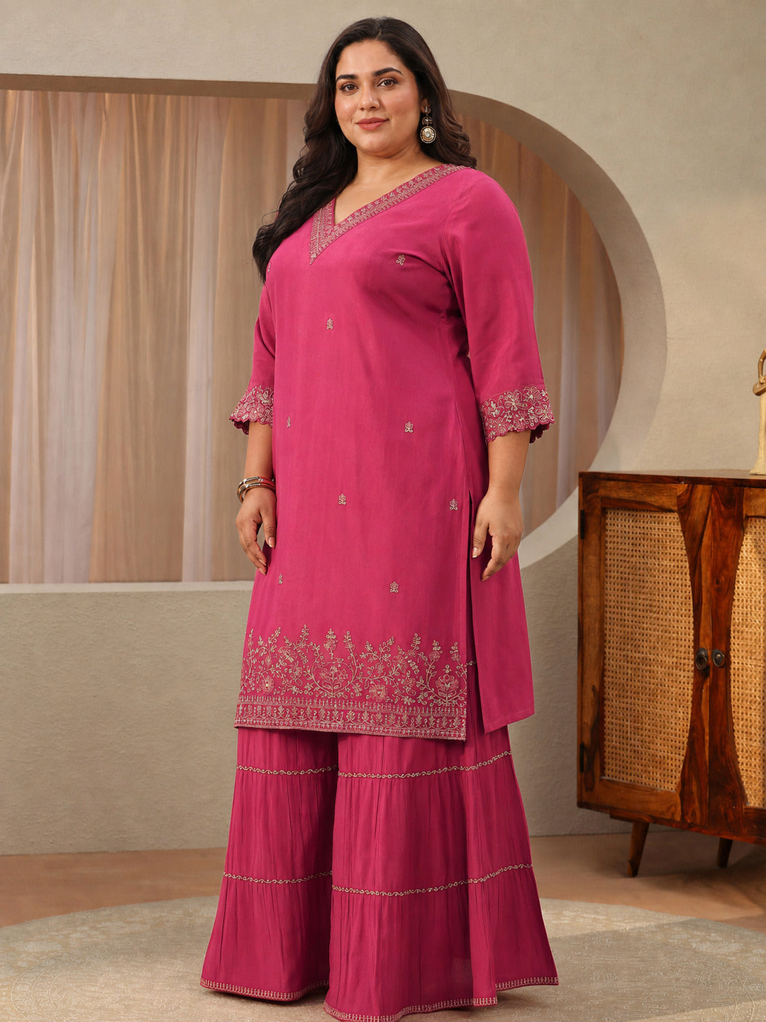  Plus Size Fuchsia Pink Embroidered Chanderi Cotton Sharara Suit Set 