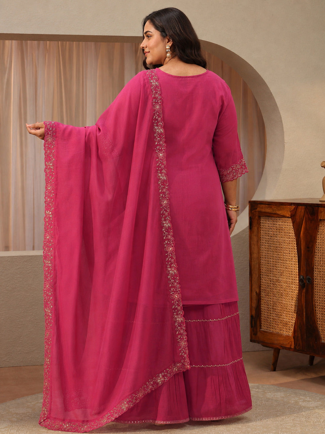  Plus Size Fuchsia Pink Embroidered Chanderi Cotton Sharara Suit Set 