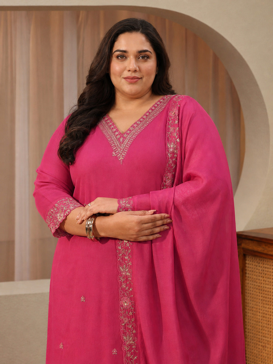  Plus Size Fuchsia Pink Embroidered Chanderi Cotton Sharara Suit Set 