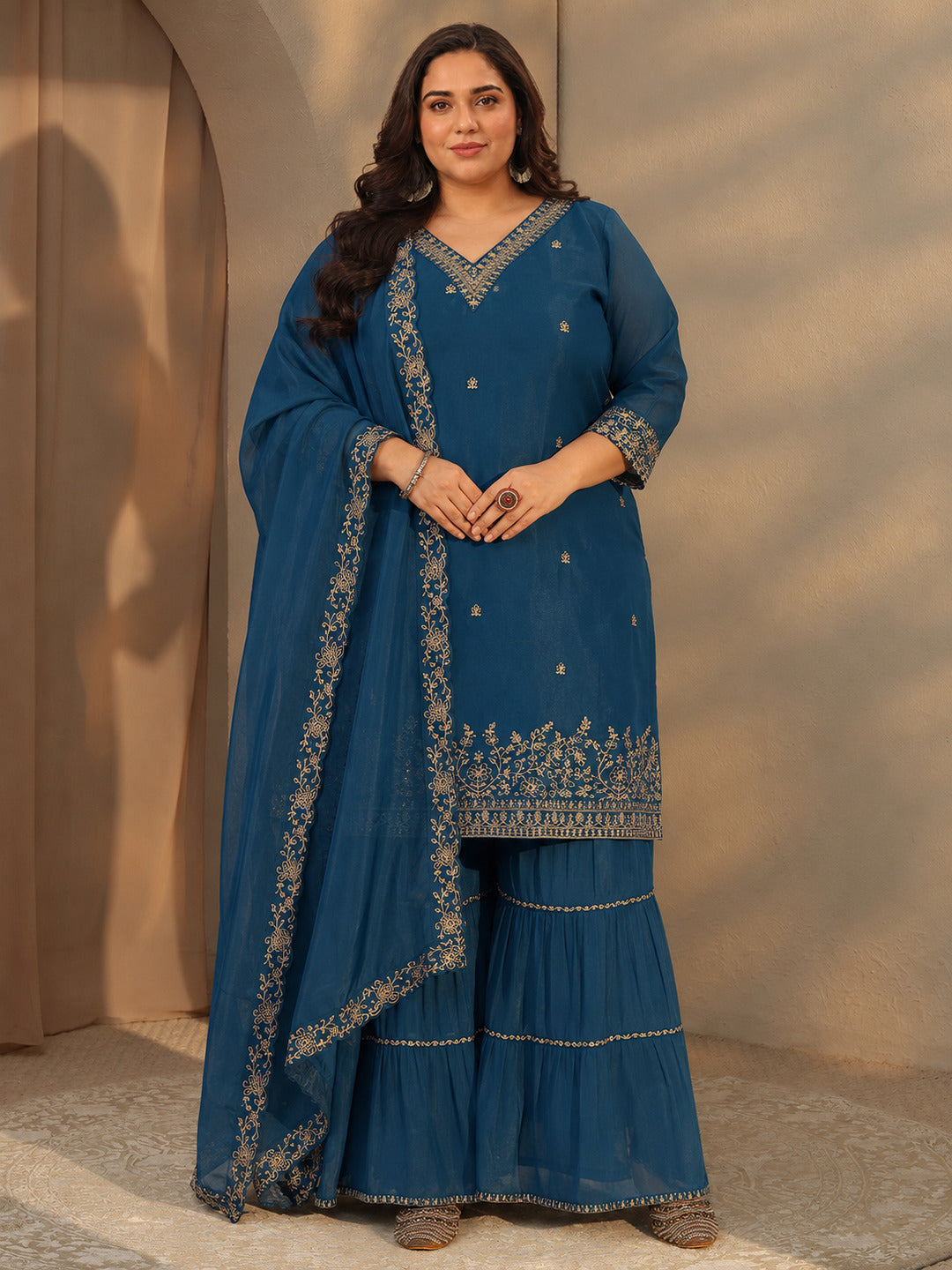 libas Plus Size Persian Blue Embellished Chanderi Cotton Sharara Suit Set-picture-24
