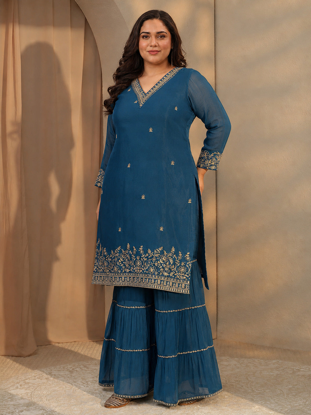  Plus Size Persian Blue Embellished Chanderi Cotton Sharara Suit Set 