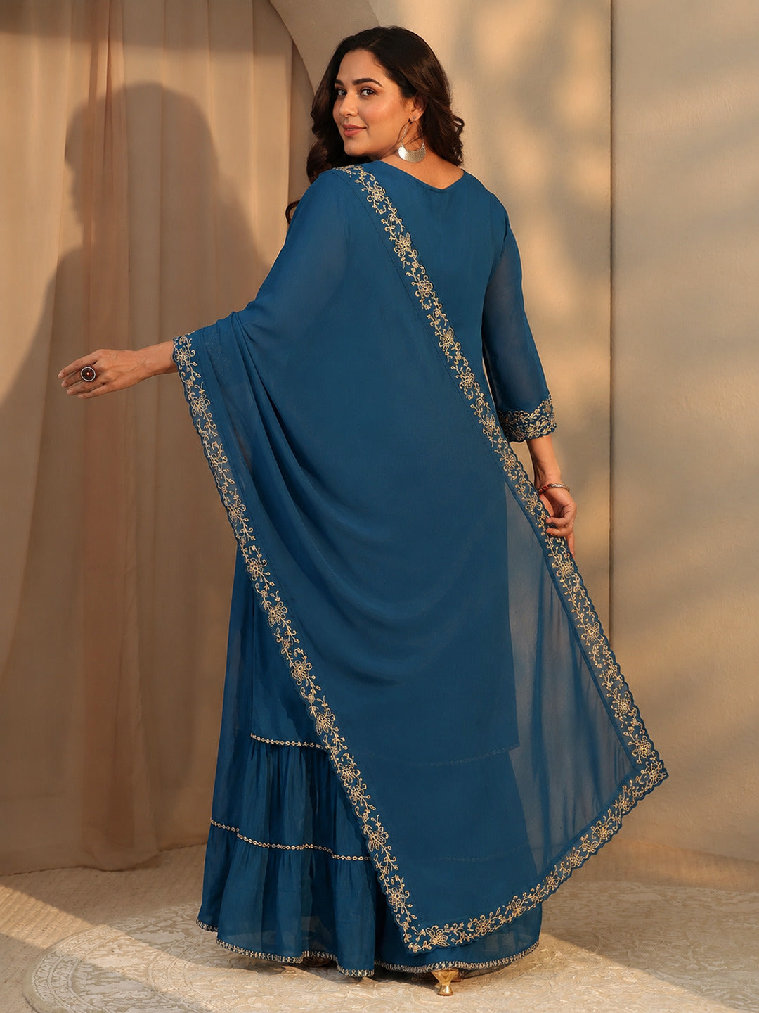  Plus Size Persian Blue Embellished Chanderi Cotton Sharara Suit Set 