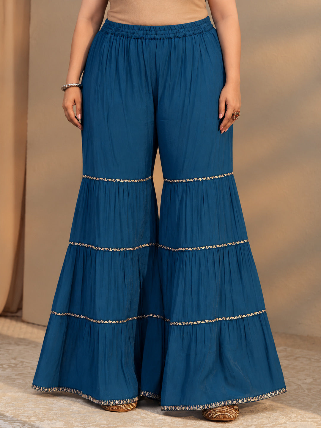  Plus Size Persian Blue Embellished Chanderi Cotton Sharara Suit Set 