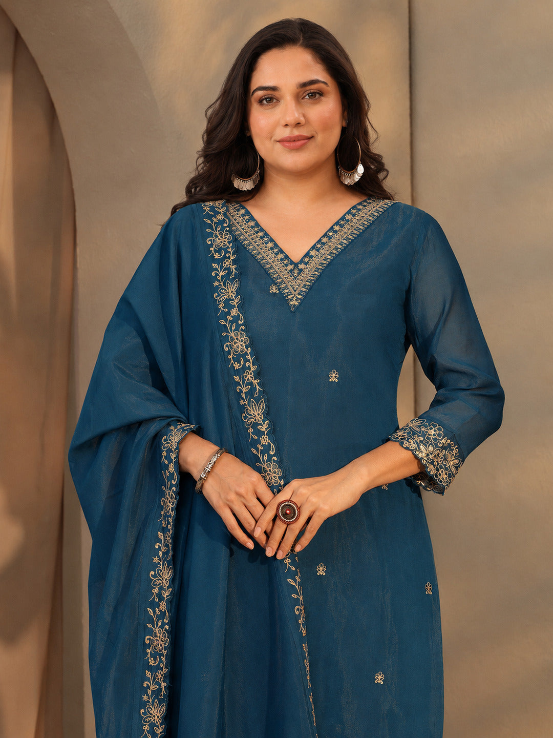  Plus Size Persian Blue Embellished Chanderi Cotton Sharara Suit Set 