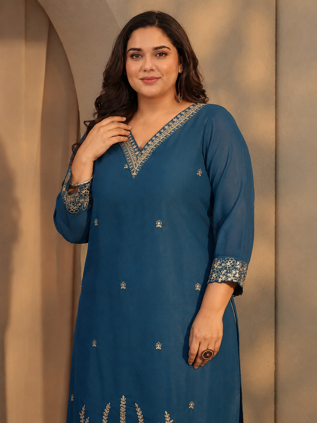  Plus Size Persian Blue Embellished Chanderi Cotton Sharara Suit Set 