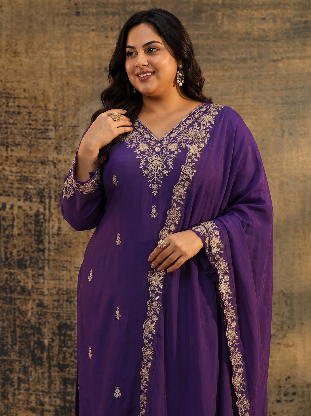  Plus Size Aubergine Purple Floral Embroidered Chanderi Cotton Palazzo Suit Set 