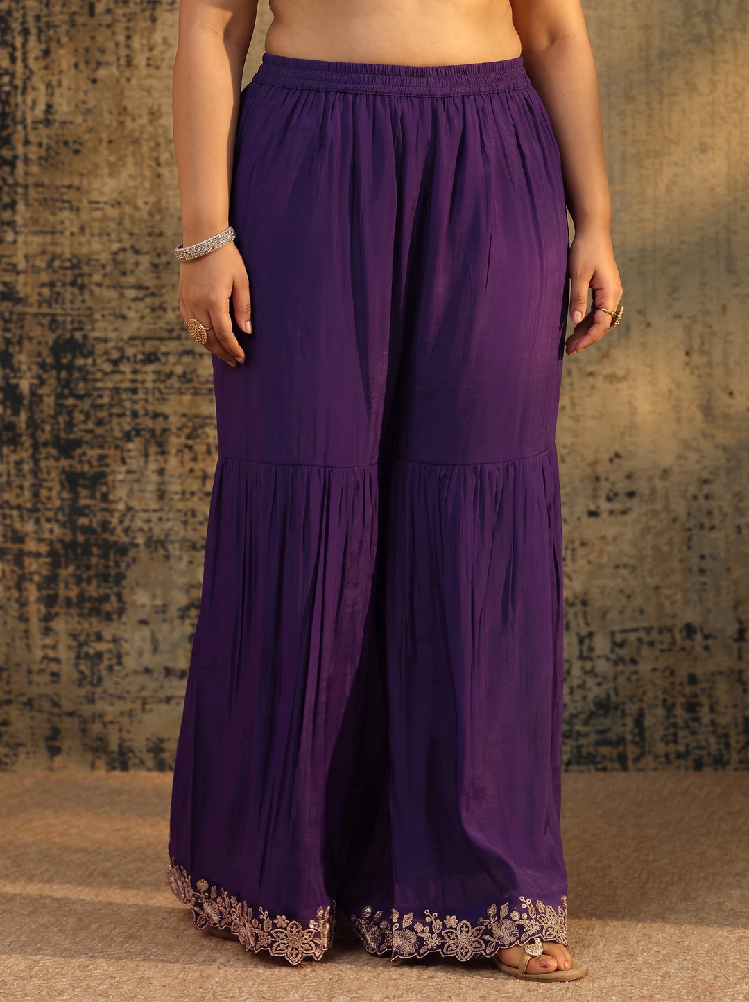  Plus Size Aubergine Purple Floral Embroidered Chanderi Cotton Palazzo Suit Set 