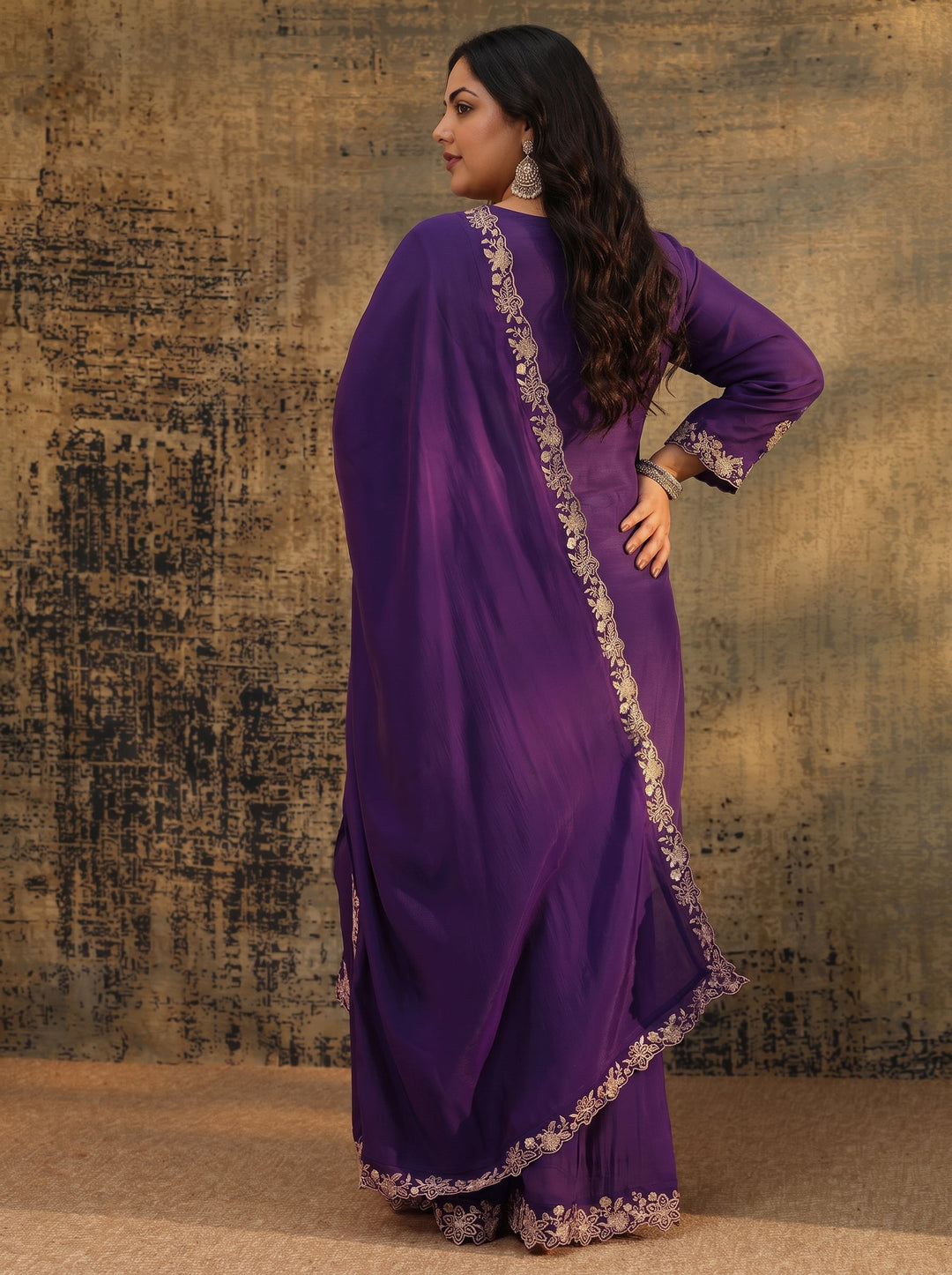  Plus Size Aubergine Purple Floral Embroidered Chanderi Cotton Palazzo Suit Set 