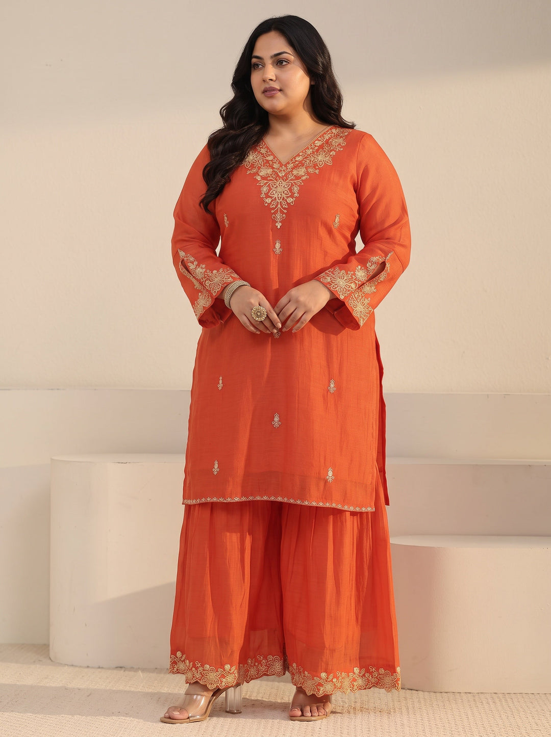  Plus Size Orange Floral Embroidered Chanderi Cotton Sharara Suit Set 