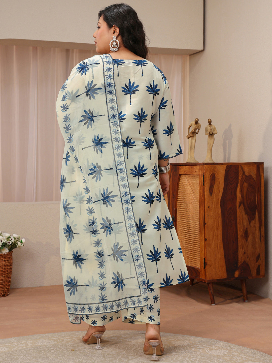  Plus Size Ivory Floral Printed Cotton Blend Straight Suit Set 