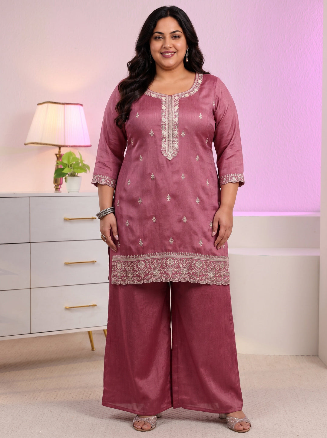  Plus Size Dusty Rose Pink Floral Embroidered Silk Blend Palazzo Suit Set 