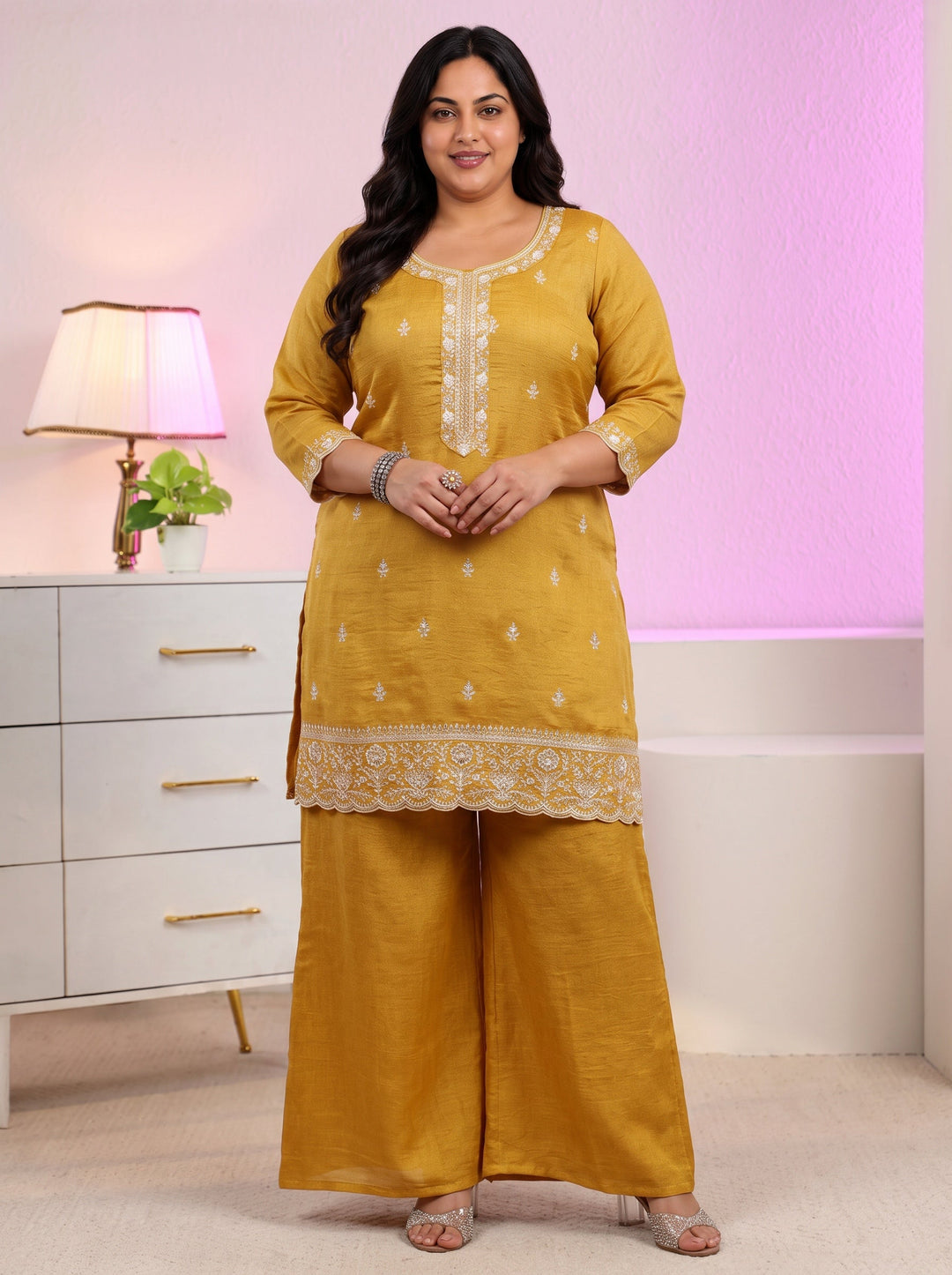  Plus Size Mustard Floral Embroidered Silk Blend Palazzo Suit Set 
