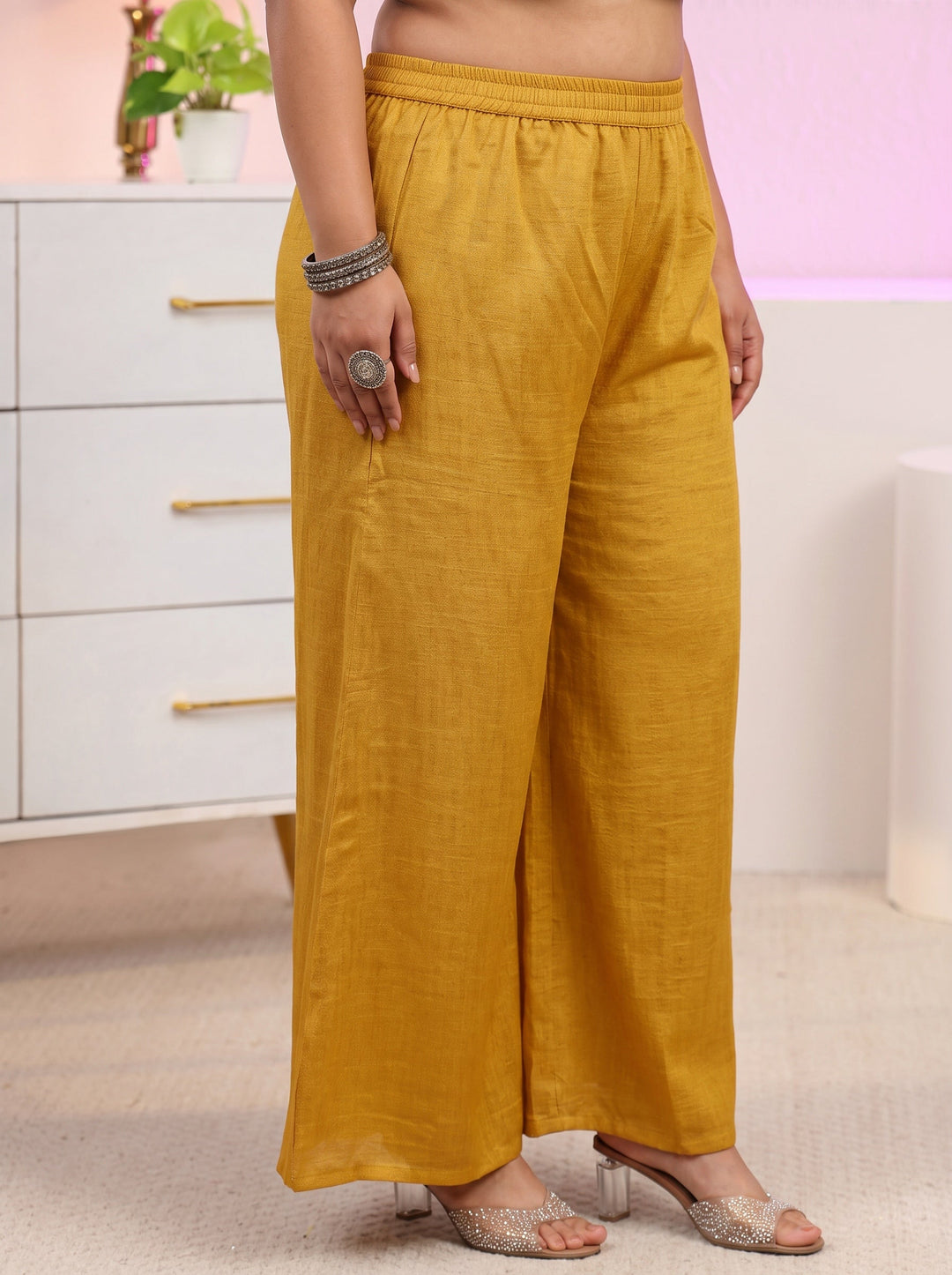  Plus Size Mustard Floral Embroidered Silk Blend Palazzo Suit Set 