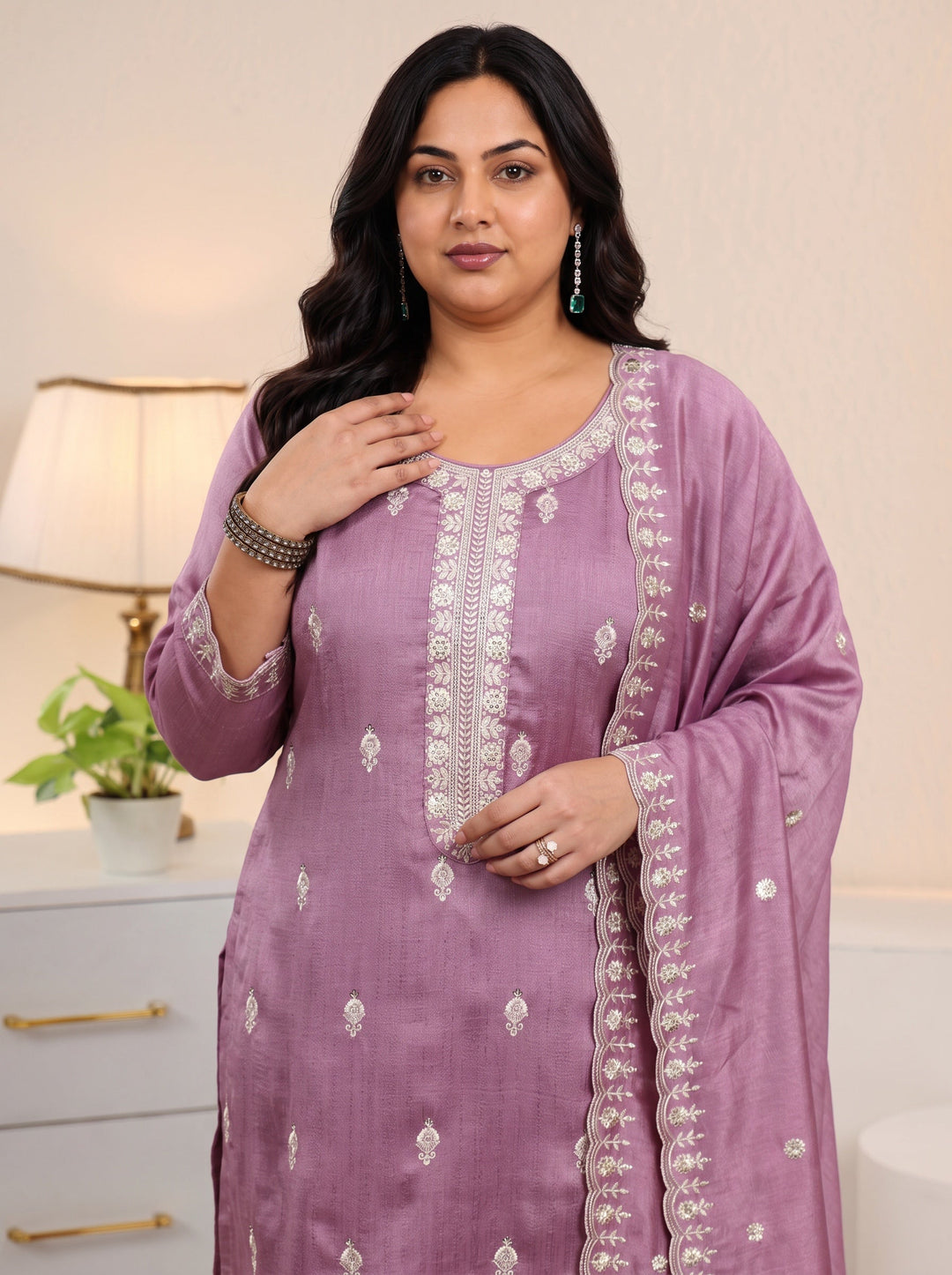  Plus Size Mauve Floral Embroidered Silk Blend Palazzo Suit Set 