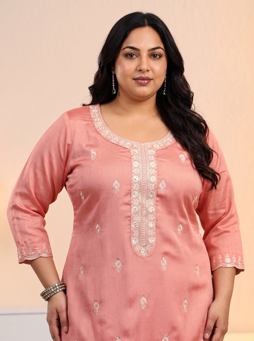  Plus Size Peach Pink Floral Embroidered Silk Blend Palazzo Suit Set 