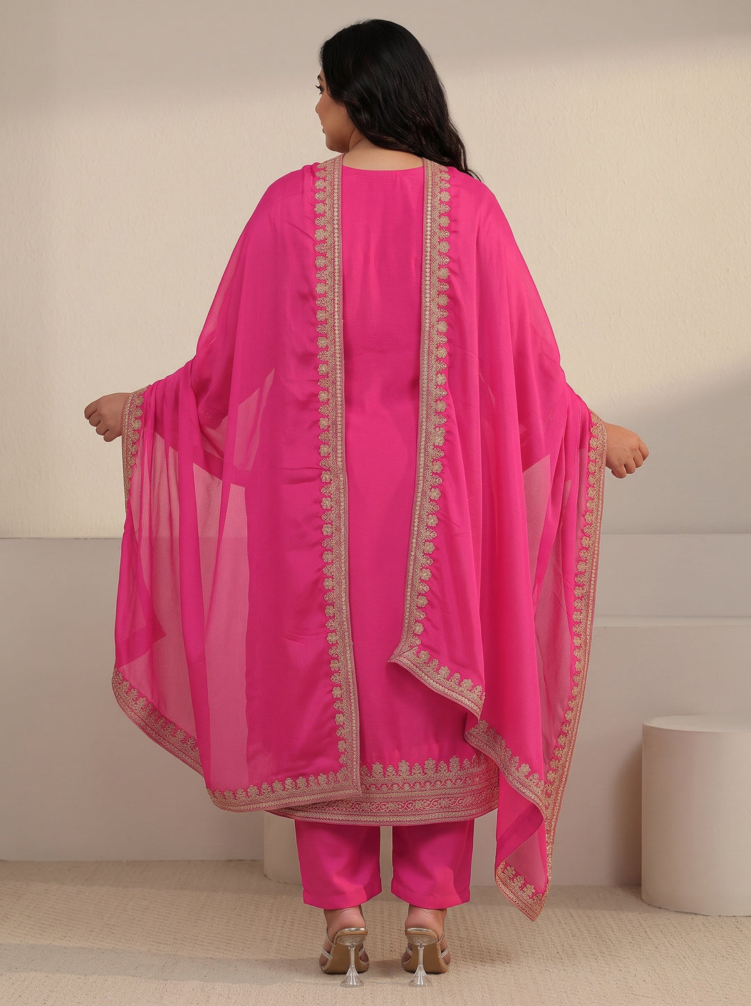  Plus Size Fuchsia Pink Yoke Embroidered Chinon Straight Suit Set 