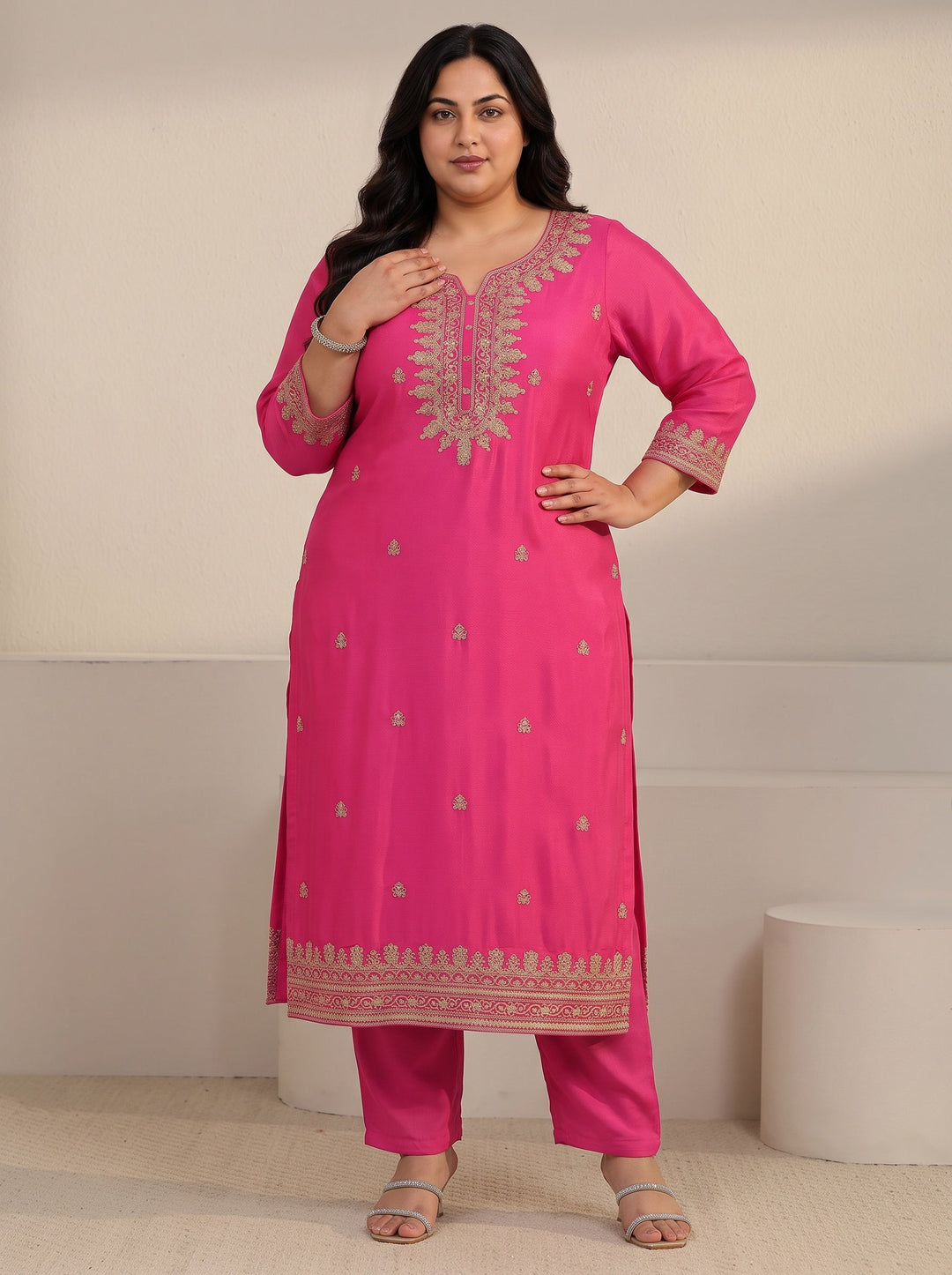  Plus Size Fuchsia Pink Yoke Embroidered Chinon Straight Suit Set 