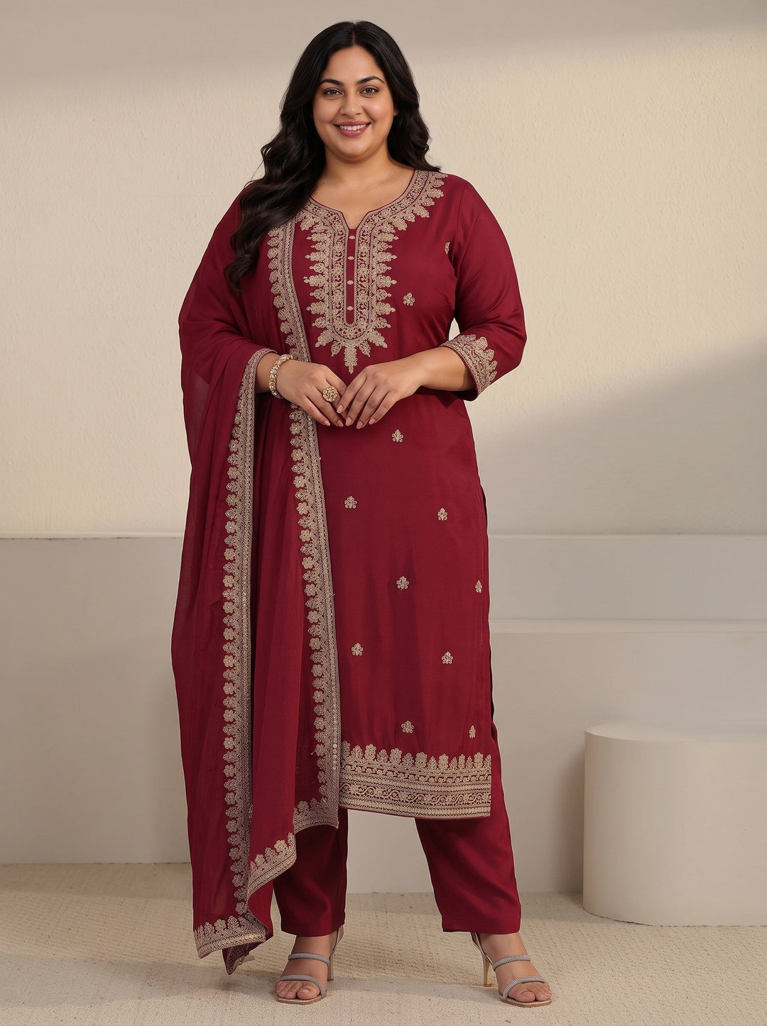 Plus Size Maroon Yoke Embroidered Chinon Straight Suit Set 