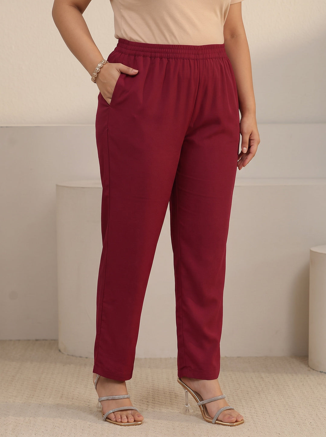  Plus Size Maroon Yoke Embroidered Chinon Straight Suit Set 