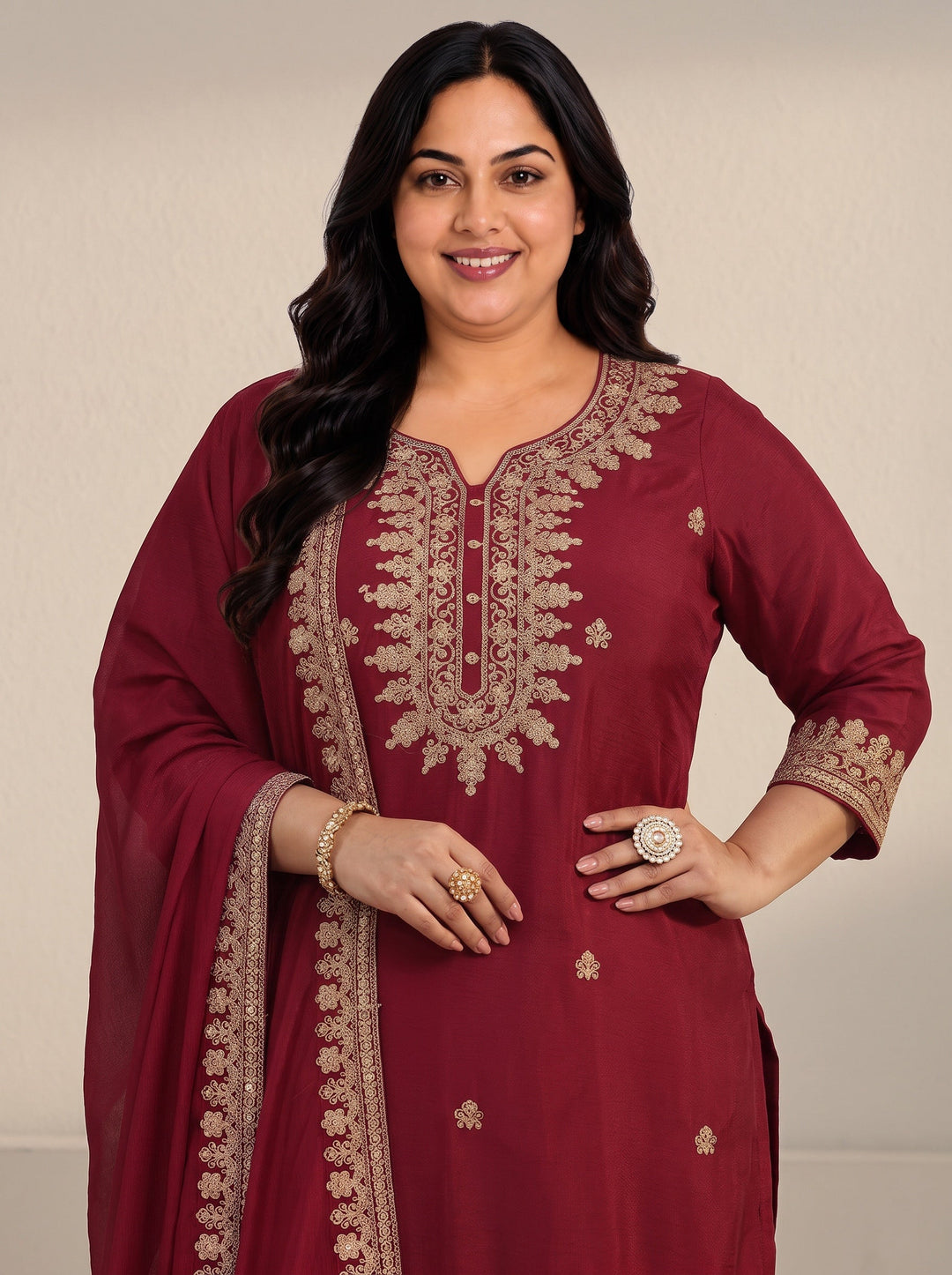  Plus Size Maroon Yoke Embroidered Chinon Straight Suit Set 