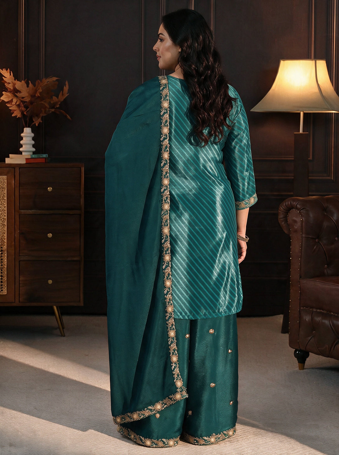  Plus Size Sacramento Green Paisley Embellished Chinon Palazzo Suit Set 