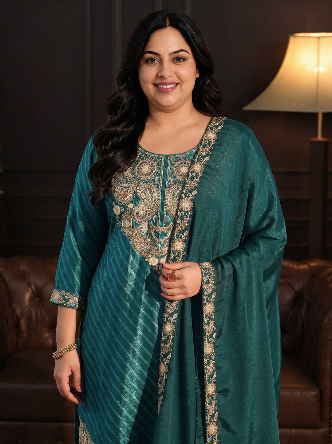  Plus Size Sacramento Green Paisley Embellished Chinon Palazzo Suit Set 