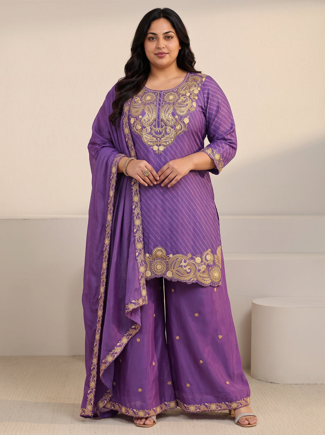  Plus Size Royal Purple Leheriya Yoke Embroidered Chinon Palazzo Suit Set 