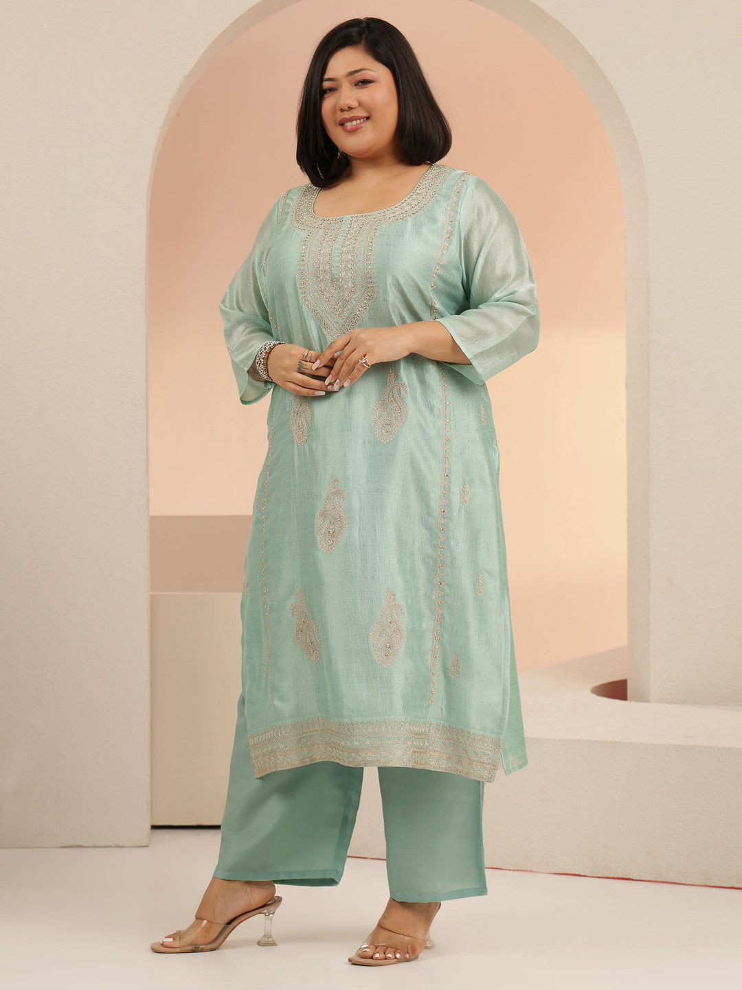 Plus Size Blue Paisley Zari Embellished Straight Suit Set 