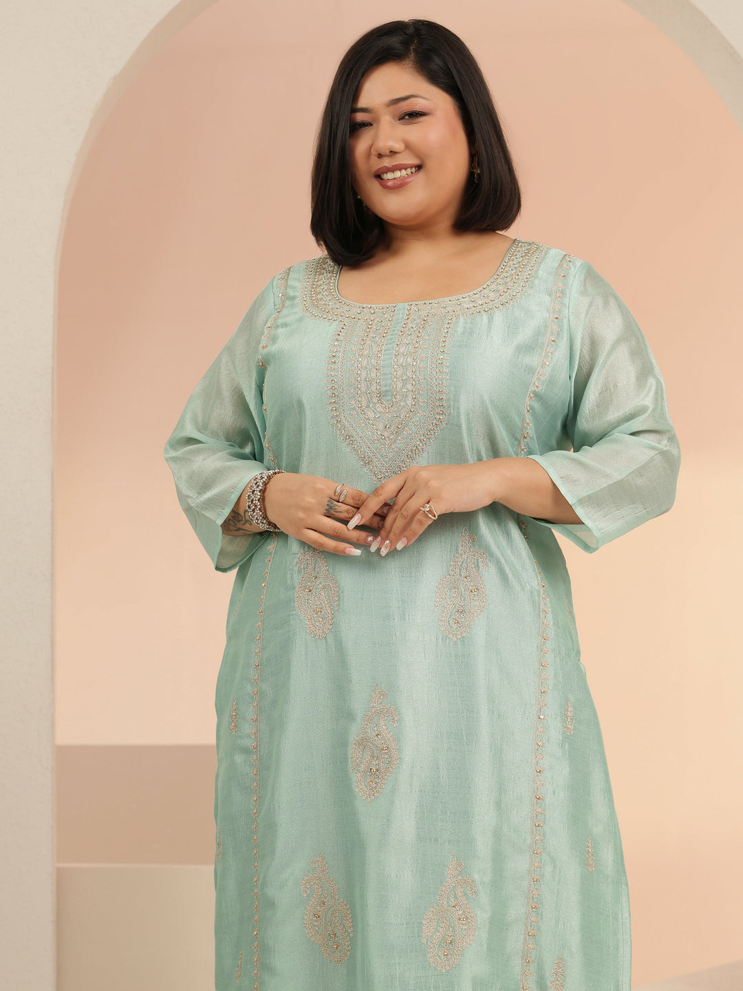  Plus Size Blue Paisley Zari Embellished Straight Suit Set 